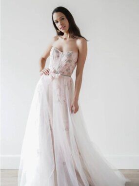 Willowby by Watters Floral Strapless Tulle Wedding Dress 16W Detachable Sleeves